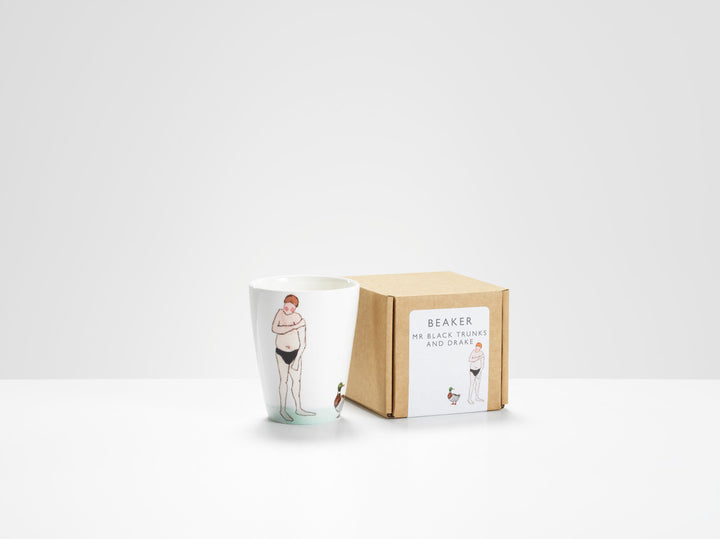 Swimmers Bone China Beaker collection by Helen Beard. Handmade in England - Mr. Black Trunks and Drake