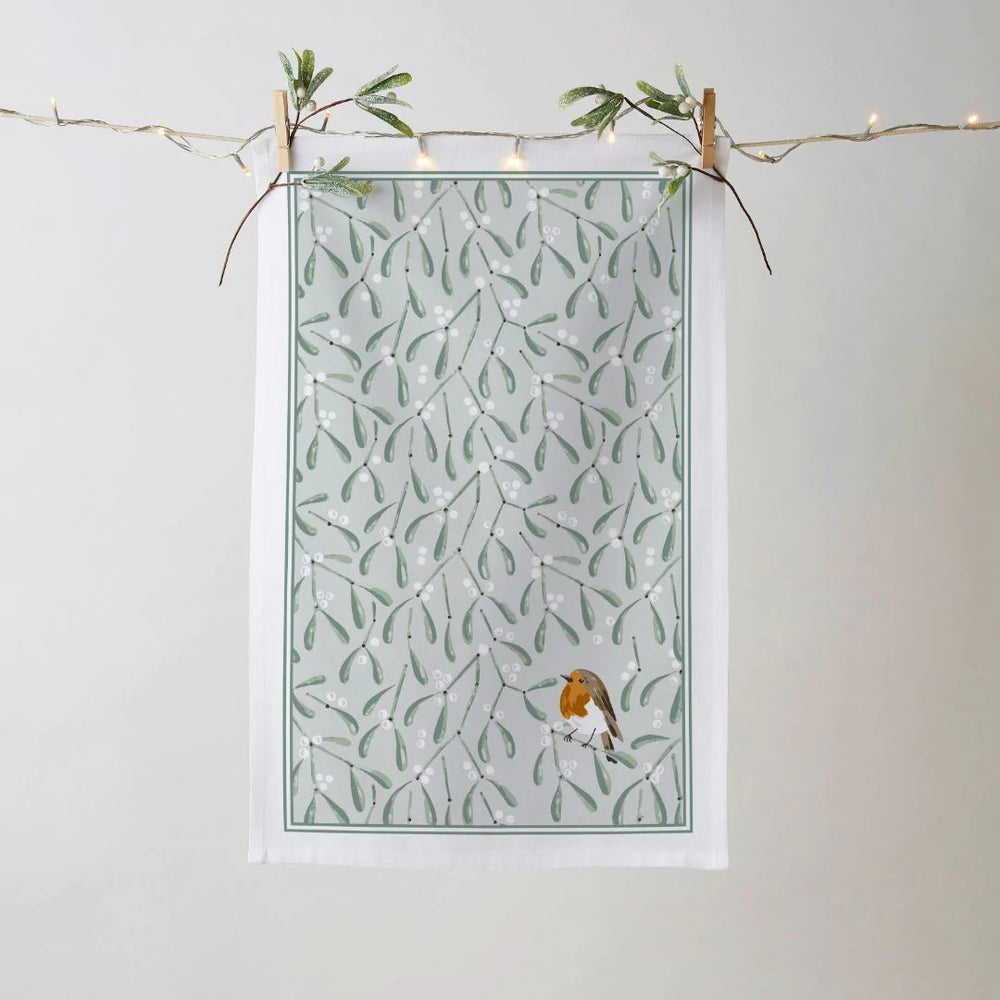 Mistletoe & Robin Recycled Cotton Tea Towel.