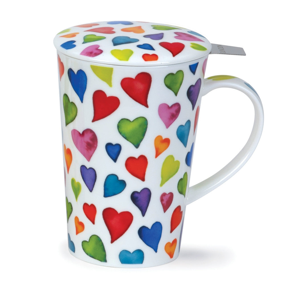 Dunoon fine bone china Warm Hearts mug and infuser set in the Glencoe shape. Handmade in England.