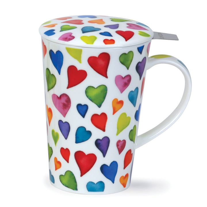 Dunoon fine bone china Warm Hearts mug and infuser set in the Glencoe shape. Handmade in England.