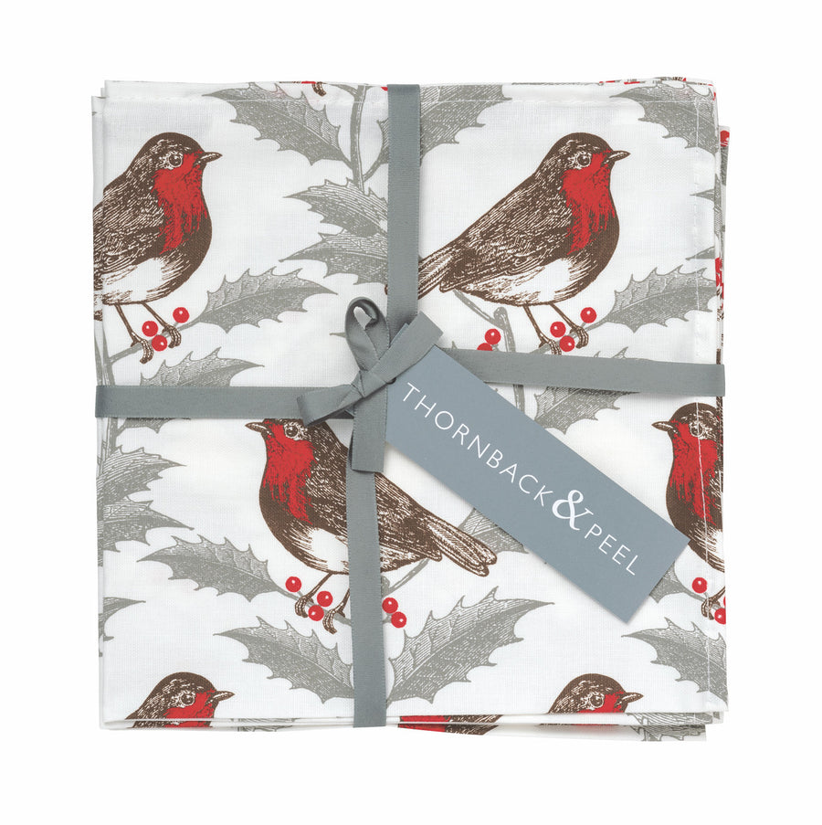 Thornback & Peel Set of 4 Robin & Holly 100% cotton napkins.