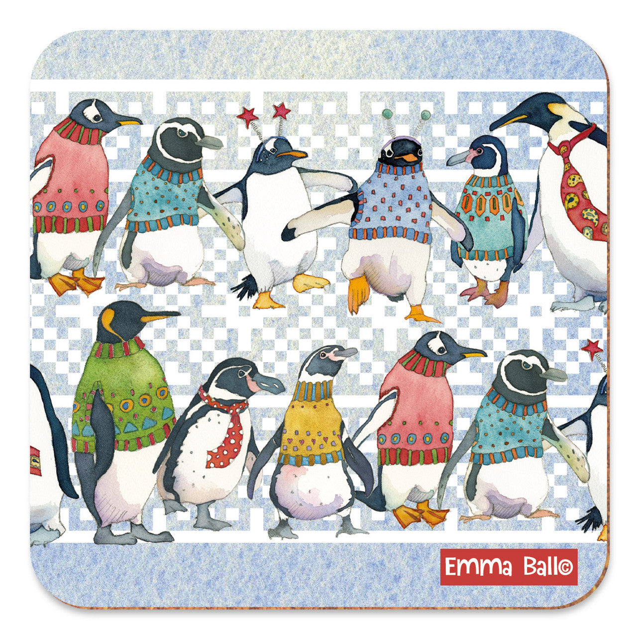 Penguins in Pullovers Coaster by Emma Ball.