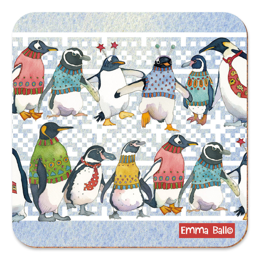 Penguins in Pullovers Coaster by Emma Ball.