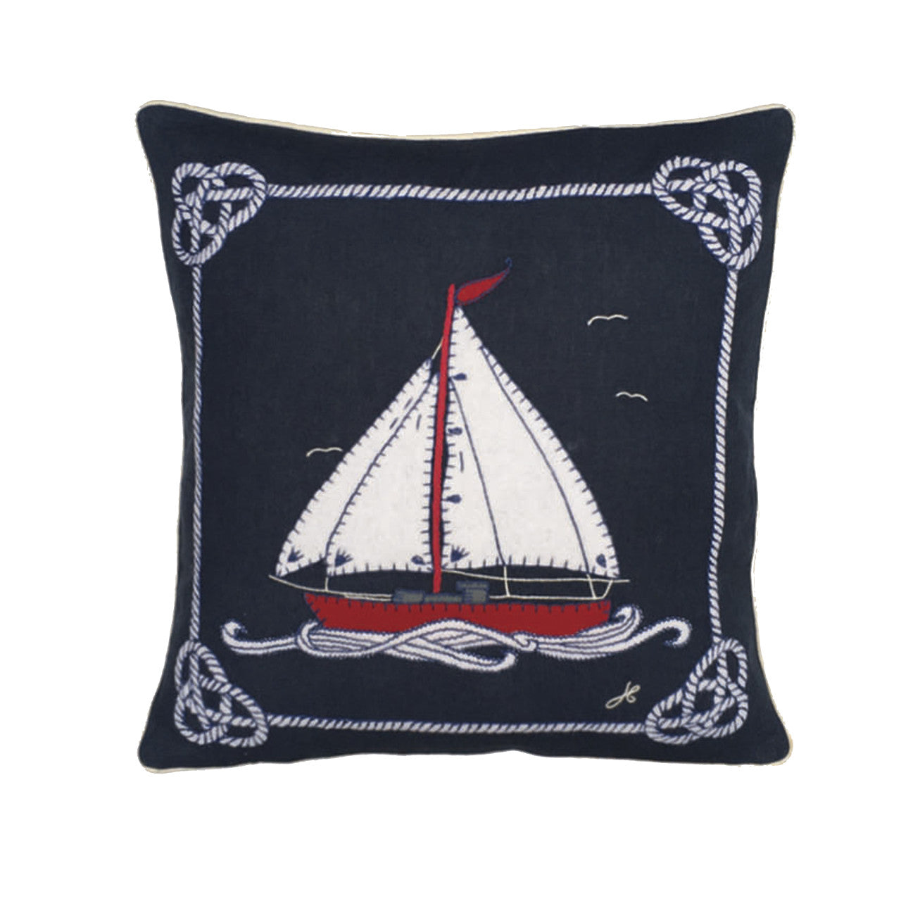 Jan Constantine boat and rope hand-embroidered cushion.