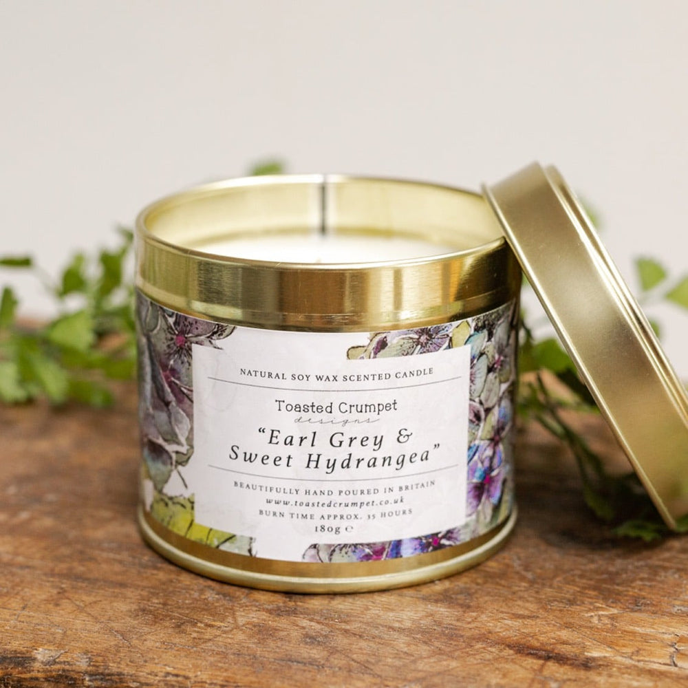 Earl Grey & Sweet Hydrangea Candle in a Matt Gold Tin by Toasted Crumpet.