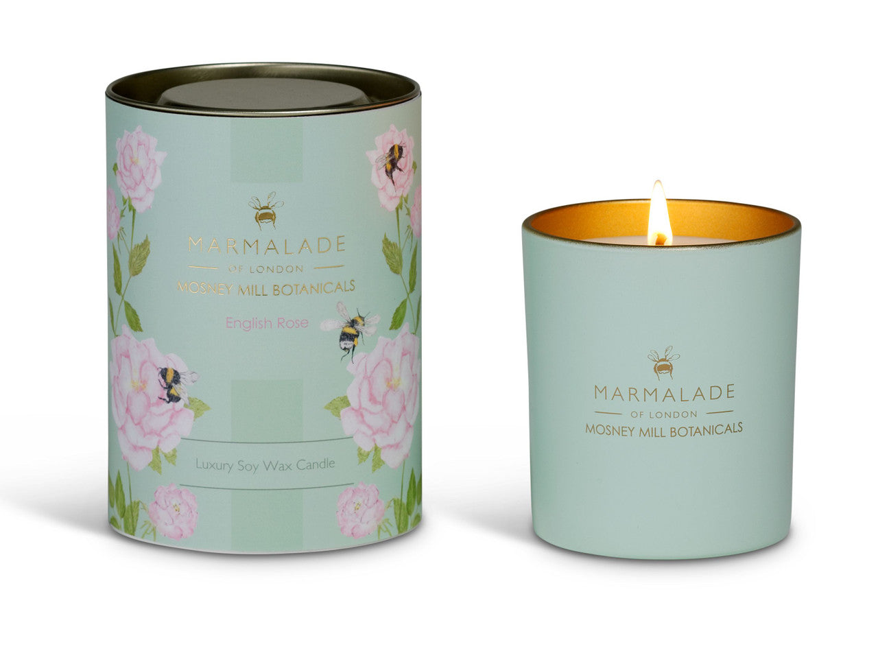 English Rose glass candle from Mosney Mill. Made by Marmalade of London.