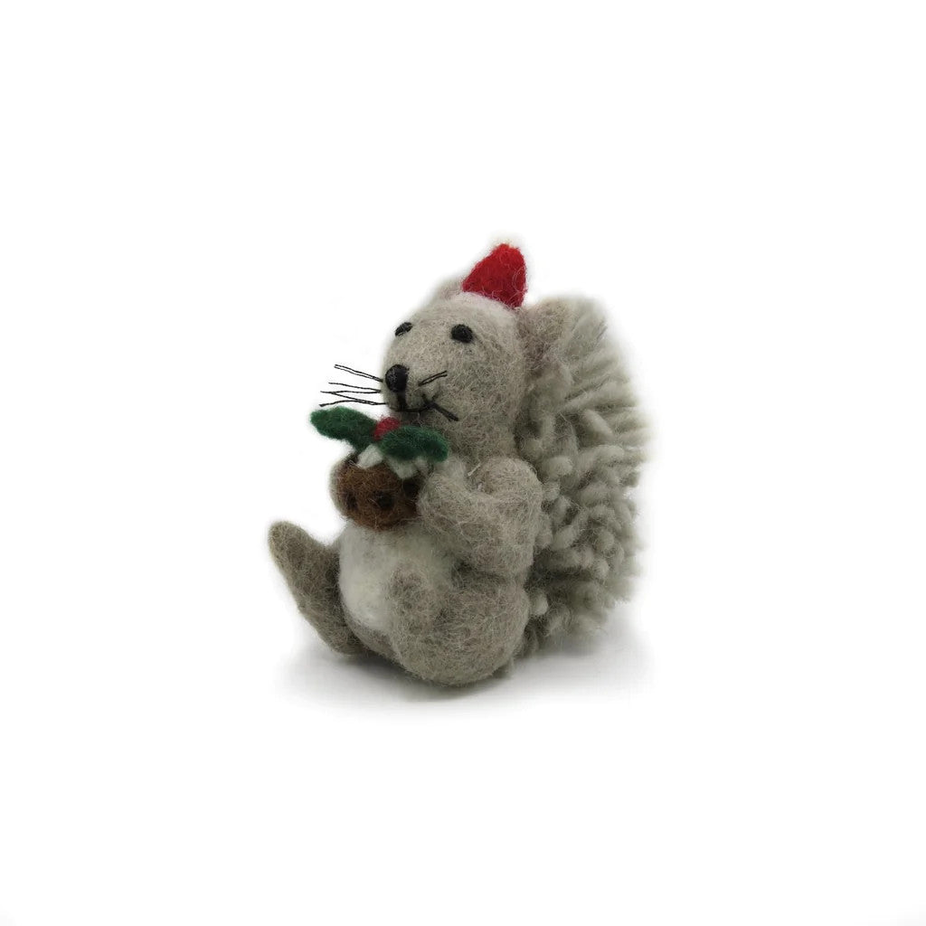 Grey Squirrel with Christmas Pudding Felt Decoration
