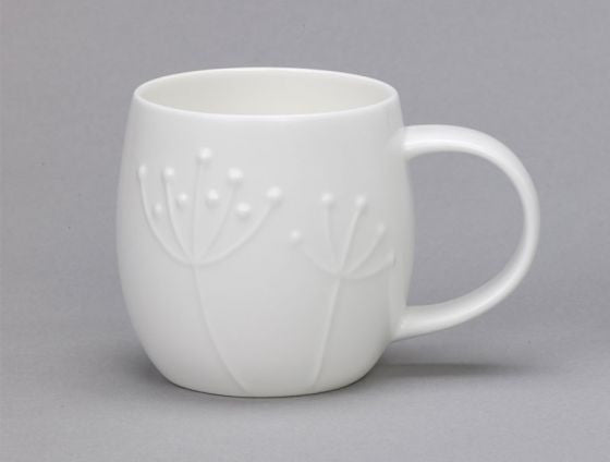 Repeat Repeat's White Bone China Plum Sprig mug. Made in England.