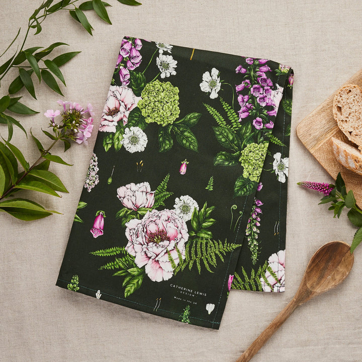 Summer Garden Tea Towel - Dark Green