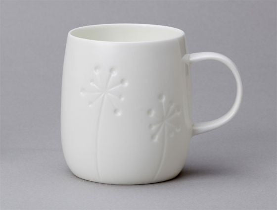 Repeat Repeat's White Bone China Quinto Dandelion mug. Made in England.