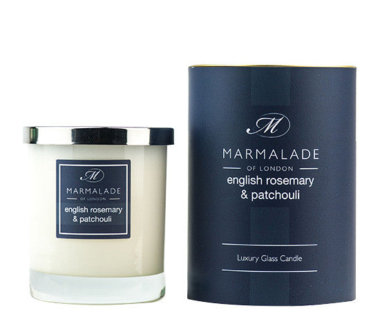 English Rosemary & Patchouli glass candle from Marmalade of London.