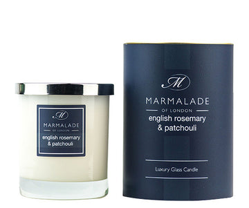 English Rosemary & Patchouli glass candle from Marmalade of London. Image