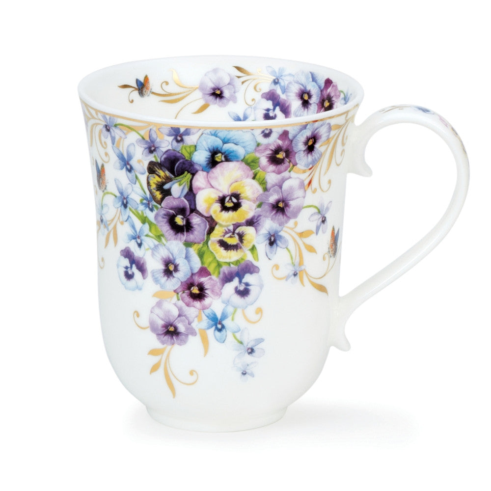 Dunoon Fine Bone China Braemar Vintage Garden Mug - Pansy. Handmade in England.