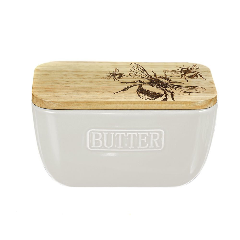 Bee Oak & Ceramic White Butter Dish by Selbrae.