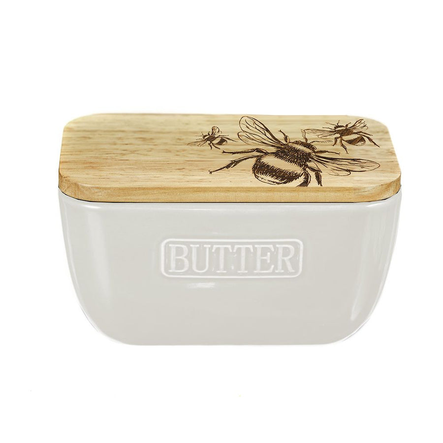 Bee Oak & Ceramic White Butter Dish by Selbrae.