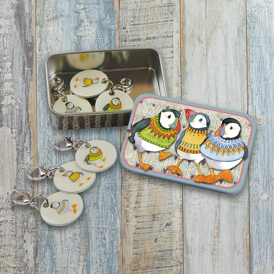 Woolly Puffins Set of 6 Stitch Crochet Markers in a Pocket Tin from Emma Ball.