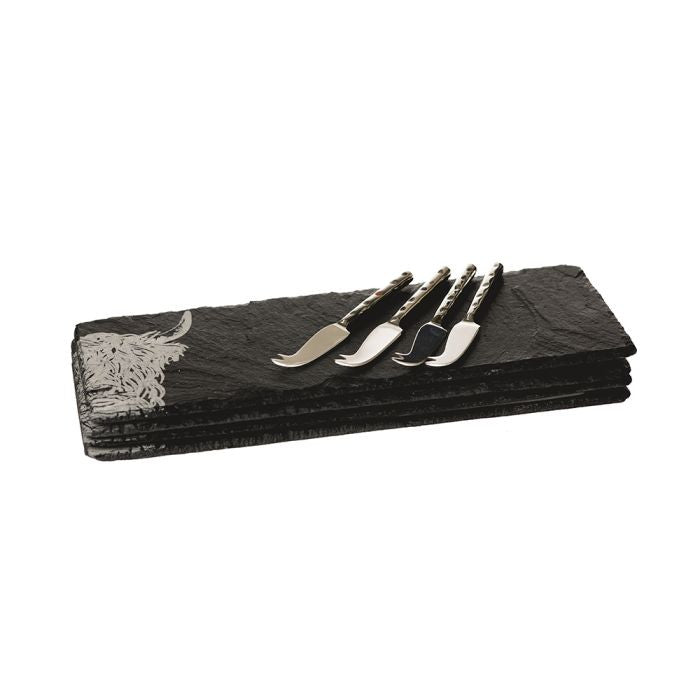 Highland Cow Mini Slate Cheese Board & Knife Set of 4