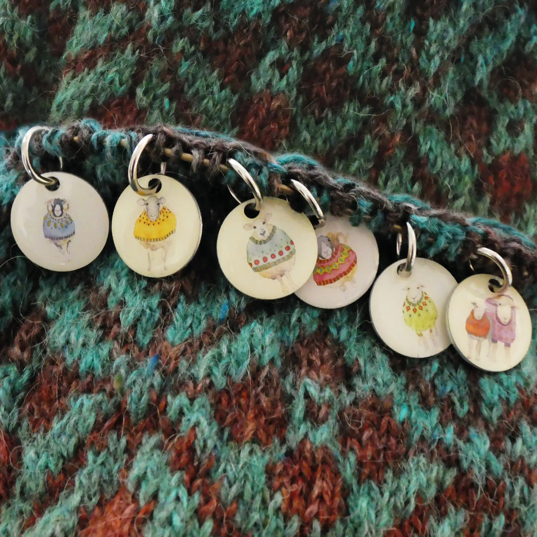Sheep in Sweaters Set of 6 Stitch Markers in a Pocket Tin from Emma Ball.