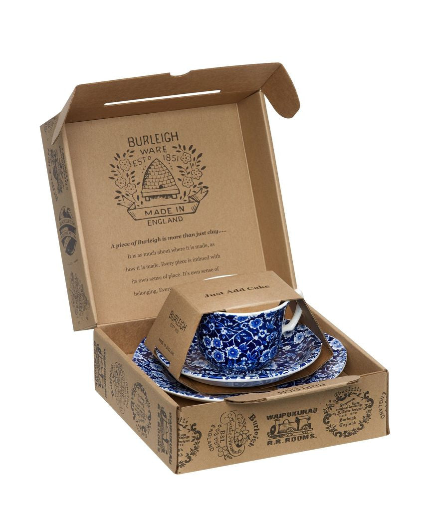 Blue Calico Teacup and Saucer 3 PC Boxed Set