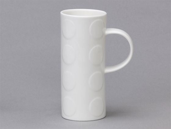 Repeat Repeat's White Bone China Skinny Spot mug. Made in England.