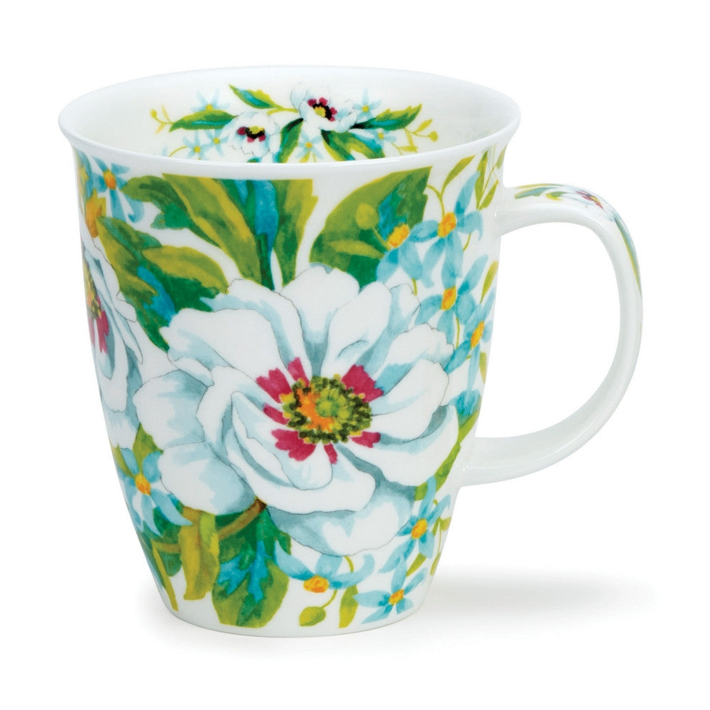 Dunoon Nevis White Anemones mug - blue. Bone china, handmade in England.
