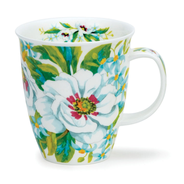 Dunoon Nevis White Anemones mug - blue. Bone china, handmade in England.