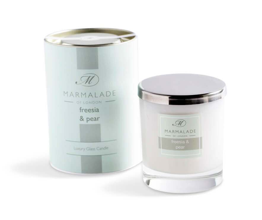 Freesia & Pear glass candle from Marmalade of London.
