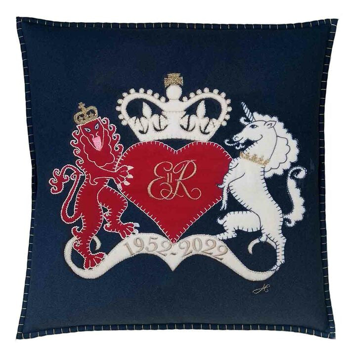 Jan Constantine Platinum Jubilee Lion & Unicorn hand-embroidered felt cushion in navy.