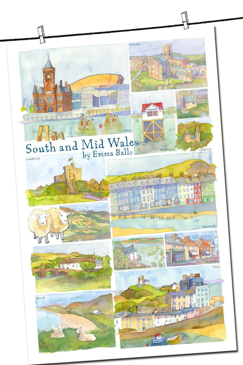 100% Cotton South and Mid Wales tea towel by Emma Ball.