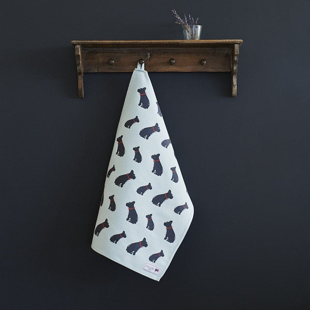Organic cotton tea towel covered in French Bulldogs from Sweet William Designs.
