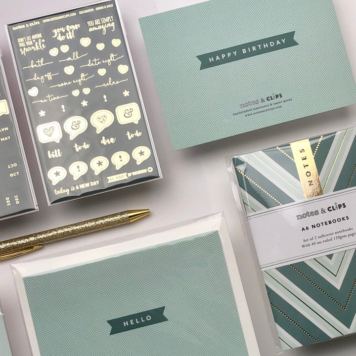 Green and Gold Stationery Box by Notes & Clips.