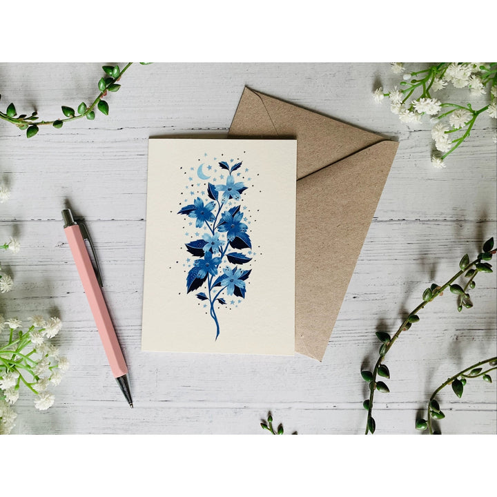 Blue Cosmic Wildflower card by Becky Amelia.