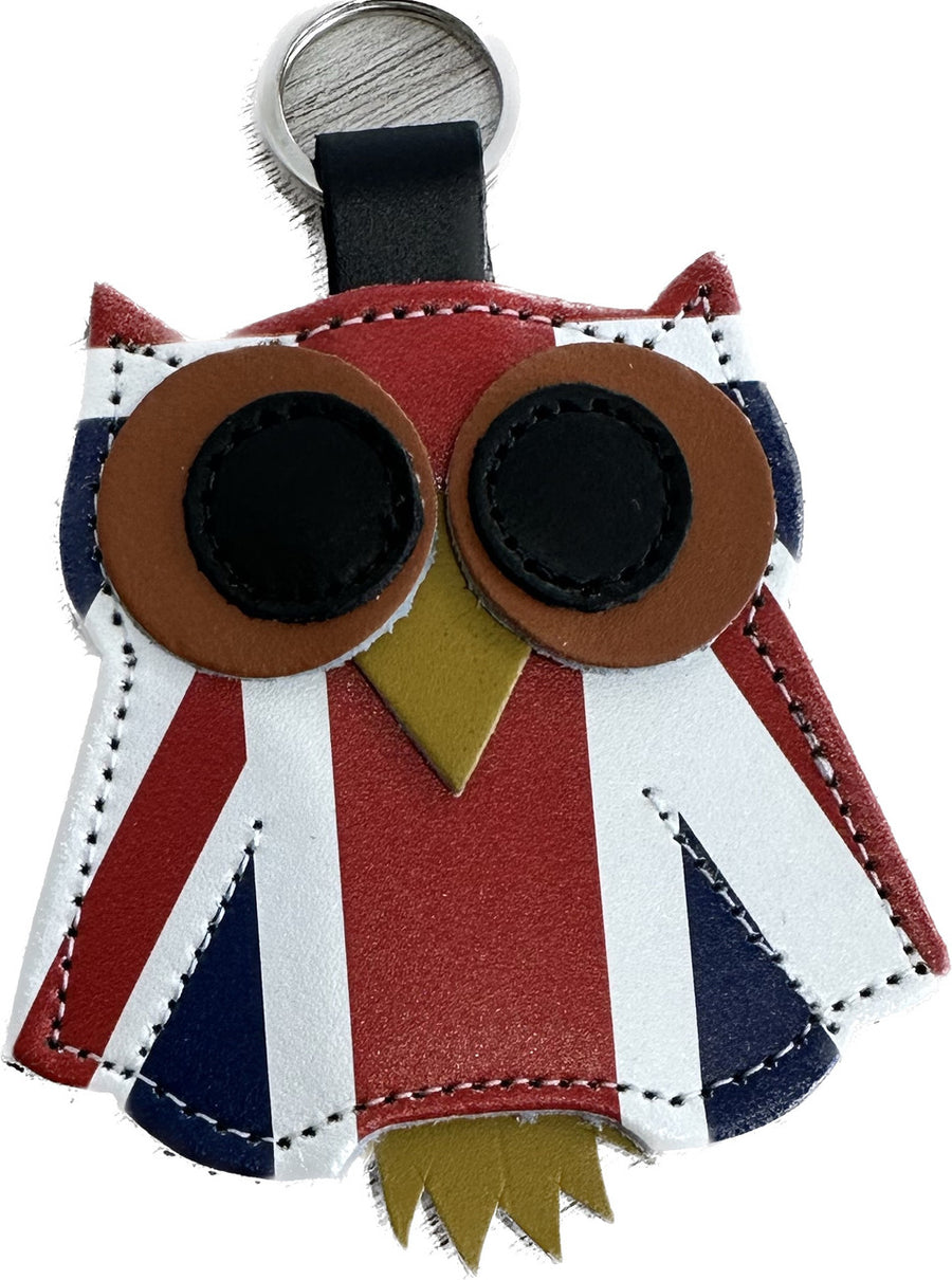 Leather Union Jack Owl Keyring by Zatchels.