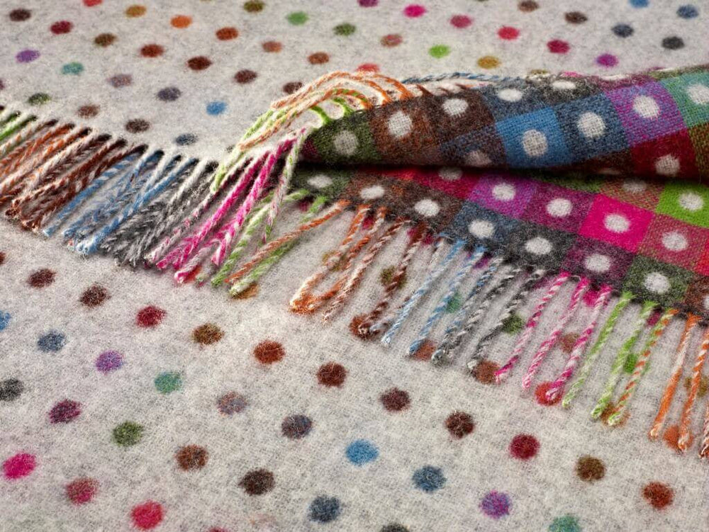 Rainbow Spot Gray Lambswool Throw by Bronte Moon.