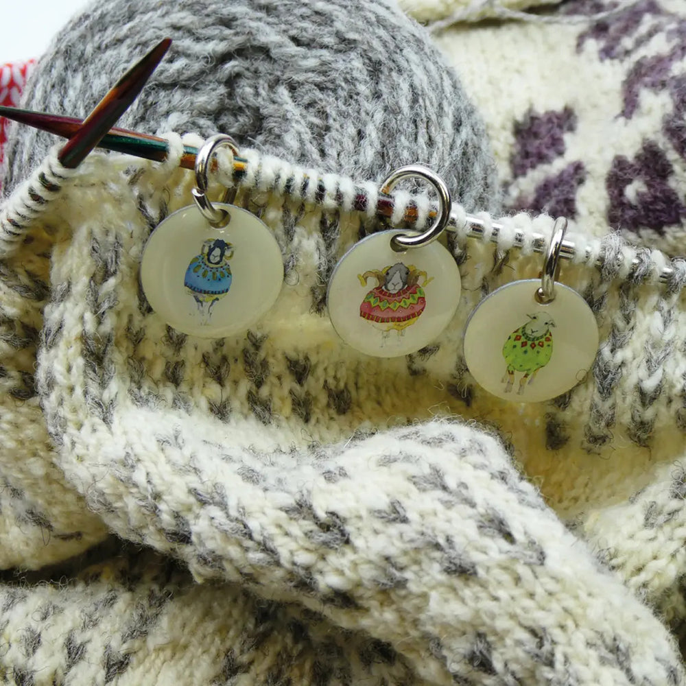 Sheep in Sweaters Set of 6 Stitch Markers in a Pocket Tin from Emma Ball.