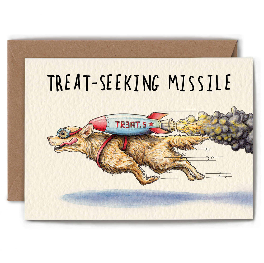 Treat-Seeking Missile Greetings Card by Bewilderbeest.