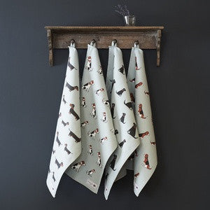 Organic cotton tea towel covered in Yorkshire Terriers from Sweet William Designs.