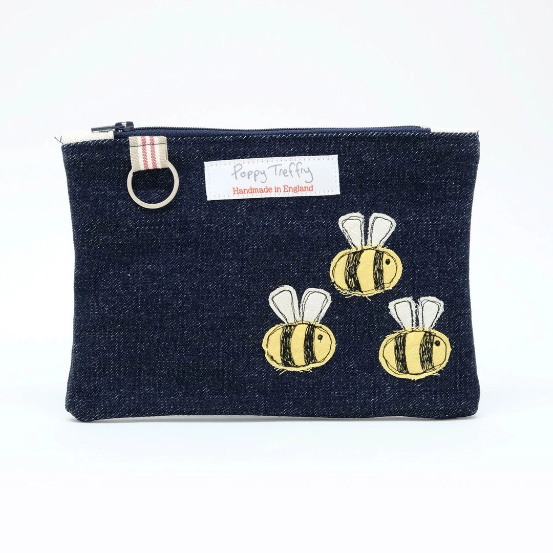 Busy Bee Flat Embroidered Zip Pouch with Keyring