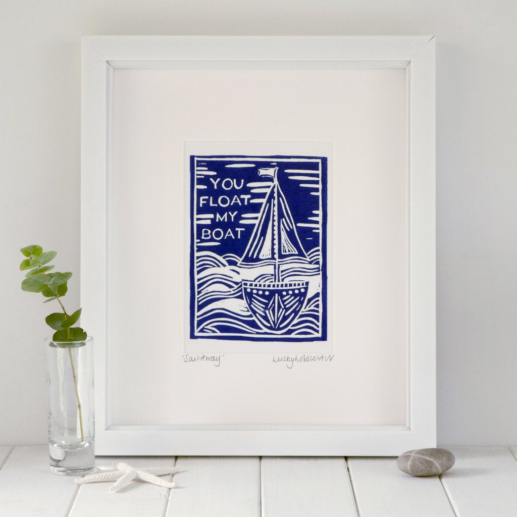 Framed "You Float My Boat" print taken from the original lino print artwork from Lucky Lobster Art in England.