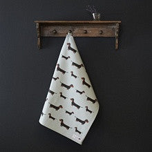 Organic cotton tea towel covered in Dachshunds from Sweet William Designs.